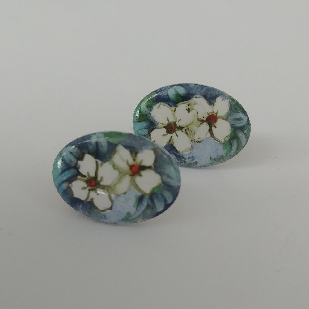4/$20 blue painted oval earrings white flower detail